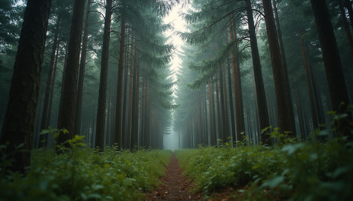 Eye-level view of dense forest with mixed tree species