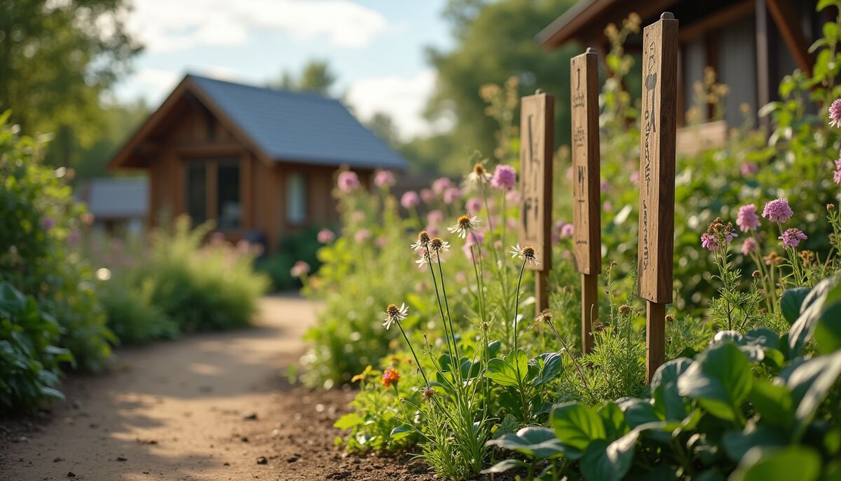 Close-up view of a community garden with native plants and educational signs