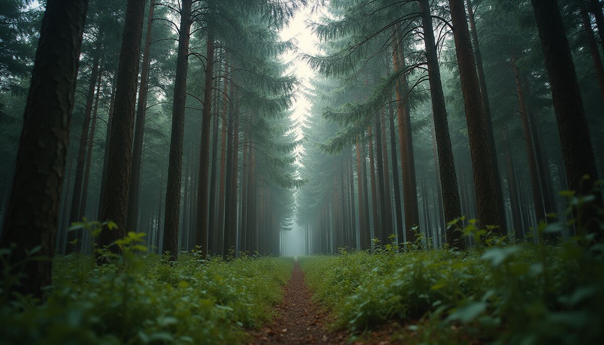 Eye-level view of dense forest with mixed tree species