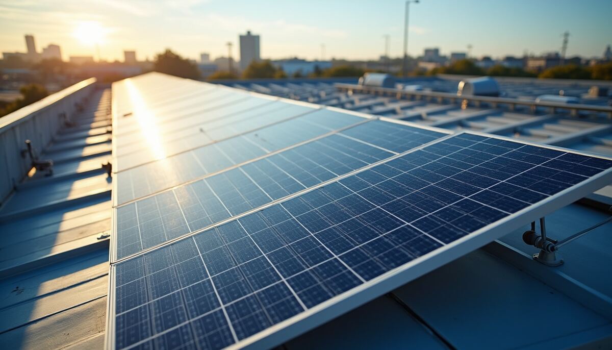 High angle view of solar panels installed on a commercial building roof