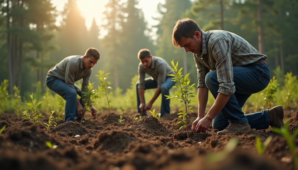 High angle view of forestry workers planting saplings in a reforestation project